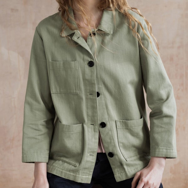 Organic denim workwear chore jacket - garden room green