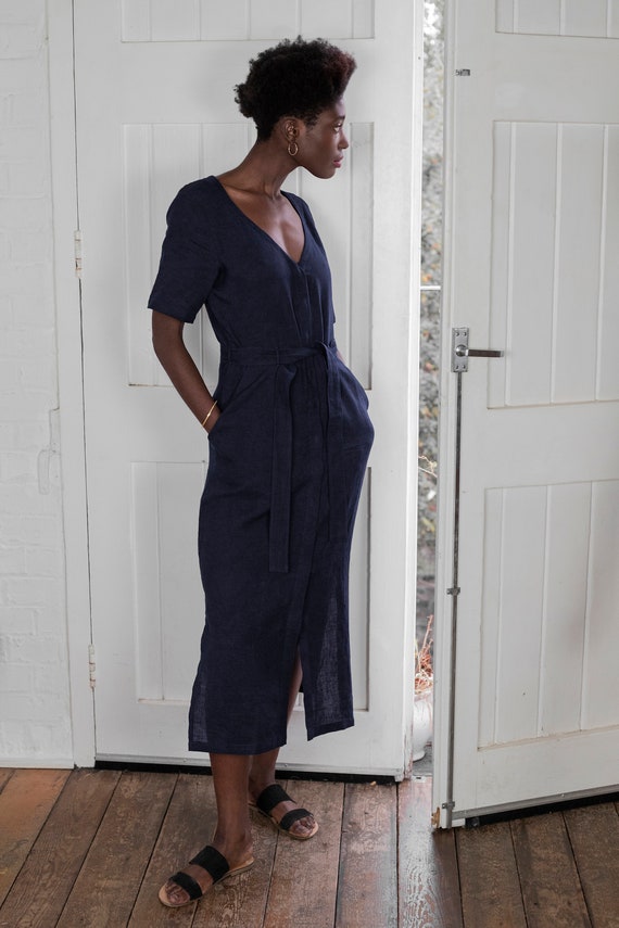 navy linen midi dress