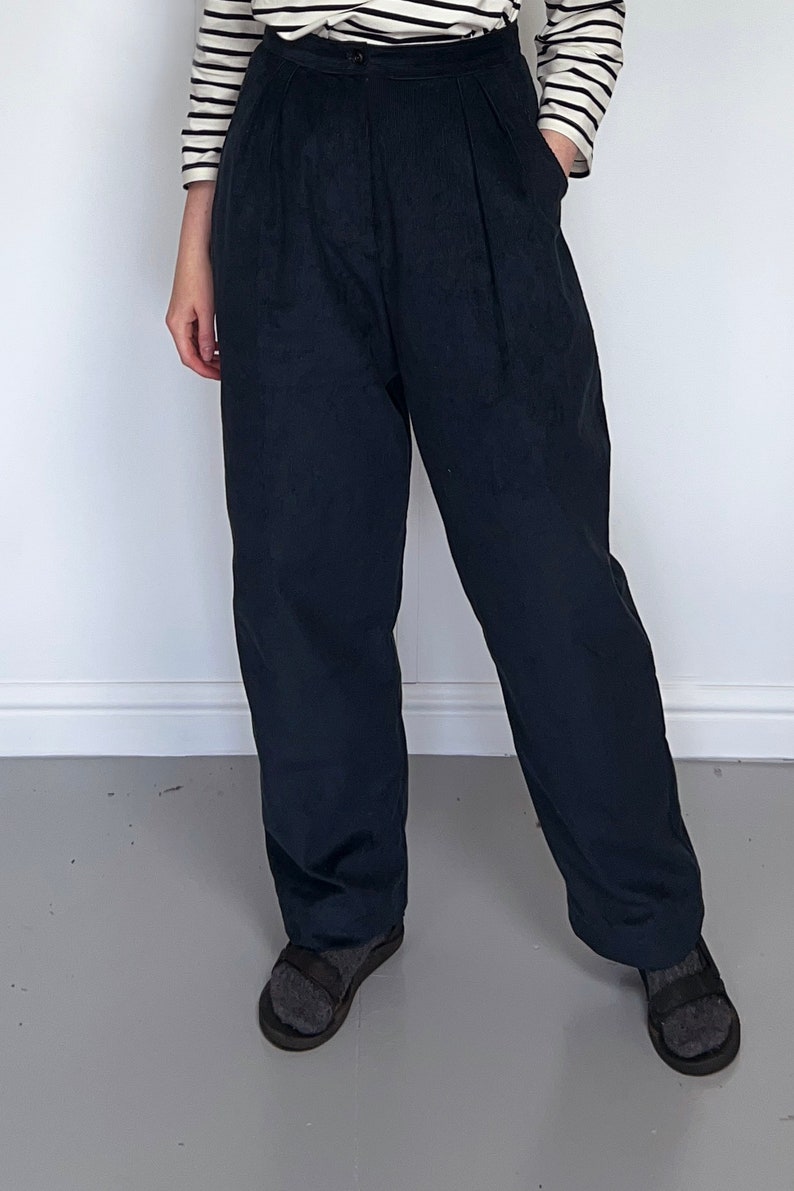 Navy blue barrel leg trousers in organic corduroy image 1