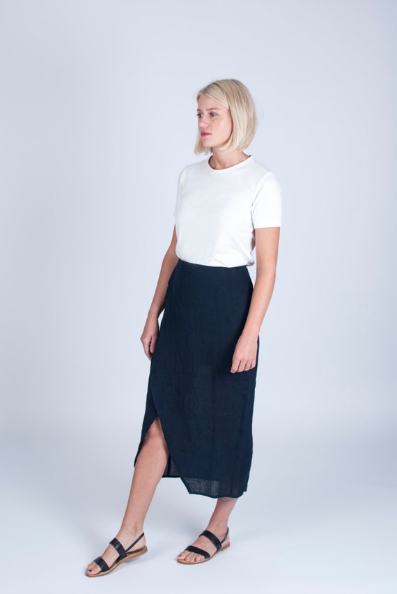navy linen midi skirt