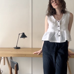 White linen shirt top with gathered waist image 1