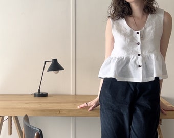 White linen shirt top with gathered waist