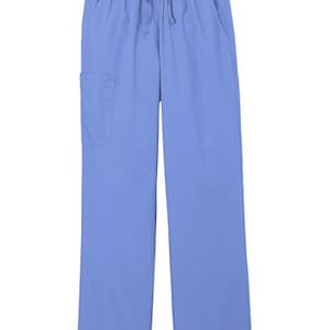 May include: Periwinkle blue scrub pants featuring an elastic waistband with a matching drawstring tie. These straight-leg trousers include two side pockets and a single patch pocket on the right thigh, providing a functional design for daily wear.