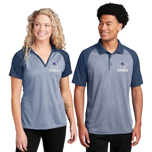 May include: Two short-sleeved polo shirts, one with a V-neck and the other with a collared neckline. Both are light blue with navy blue sleeves and accents. Each shirt has a logo and the text "YOUR LOGO OR TEXT".
