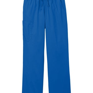 May include: Bright blue scrub pants featuring an elastic waistband with a matching drawstring tie. These pants include two side pockets and a single patch pocket on the right thigh, designed with a straight-leg cut and a solid color finish.