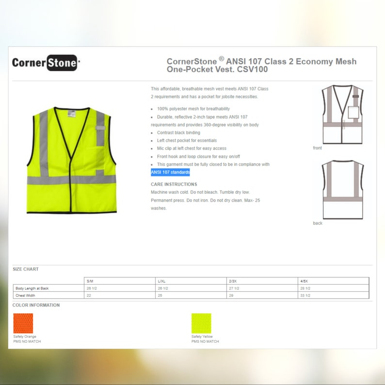 Personalized Safety Vest CornerStone ANSI 107 Class 2 Mesh One-Pocket Vest Add Text image 6