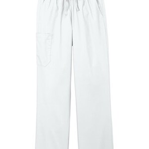 May include: Solid white scrub pants featuring an elastic waistband with a matching drawstring tie. These straight-leg trousers include two side pockets and a single patch pocket on the right thigh, providing a clean and functional design.