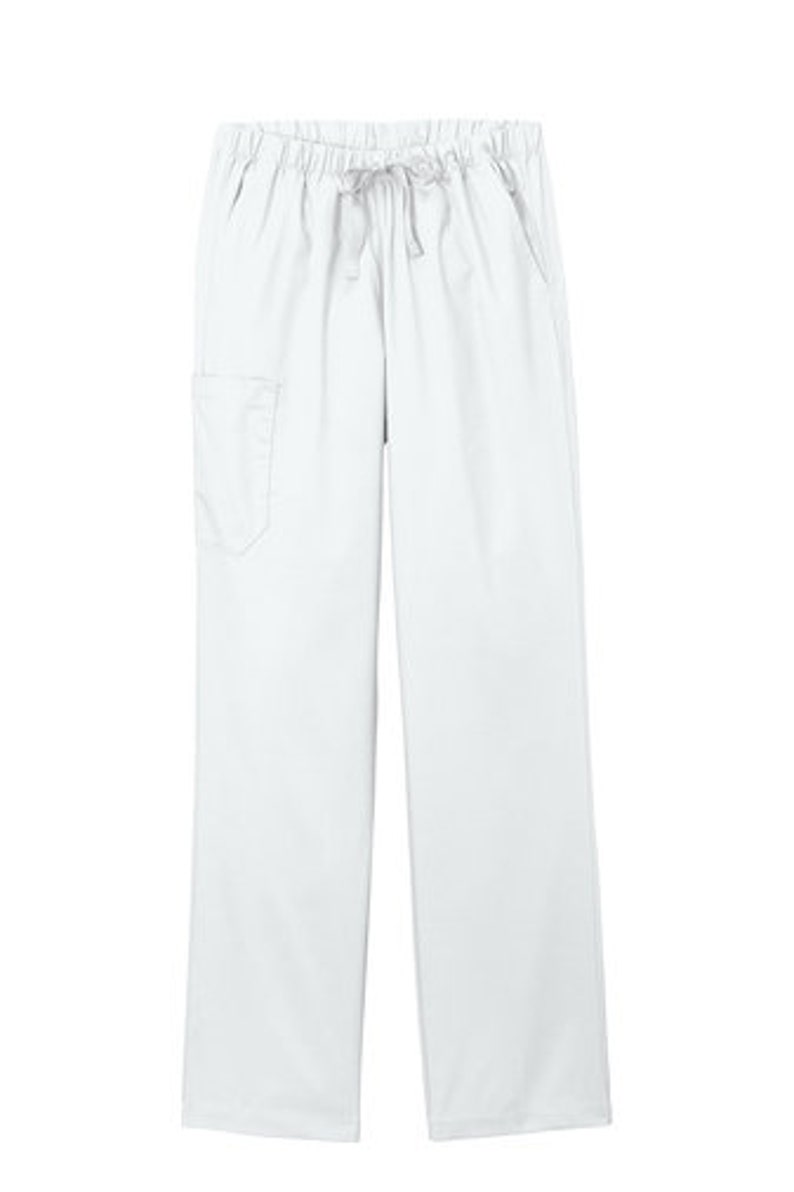 May include: Solid white scrub pants featuring an elastic waistband with a matching drawstring tie. These straight-leg trousers include two side pockets and a single patch pocket on the right thigh, providing a clean and functional design.