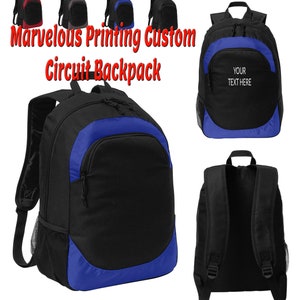 May include: Black and blue backpack with a zipped front pocket and a mesh side pocket. The backpack has a large main compartment and a smaller front pocket. The backpack is shown from the front, side, and back. The text "YOUR TEXT HERE" is printed on the front of the backpack.