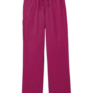May include: Magenta scrub pants featuring an elastic waistband with a drawstring closure. These straight-leg trousers include two side pockets and a single cargo pocket on the right thigh, providing a functional design for professional work attire.