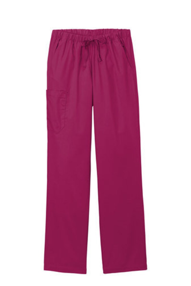 May include: Magenta scrub pants featuring an elastic waistband with a drawstring closure. These straight-leg trousers include two side pockets and a single cargo pocket on the right thigh, providing a functional design for professional work attire.