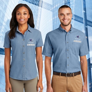 Embroidered Short Sleeve Denim Shirt for Men and Ladies - Add name, business Name or On file Logo