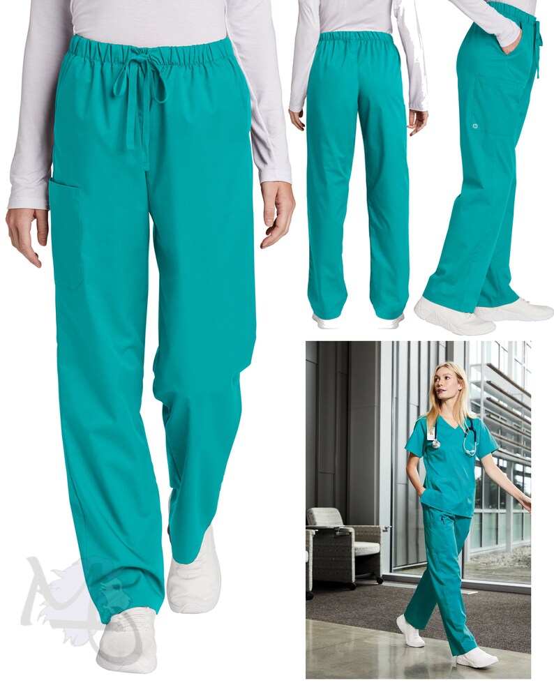 May include: Teal scrub pants featuring an elastic waistband with a drawstring closure, side pockets, and a straight-leg fit. The pants are shown from the front, back, and side, and are also displayed as part of a matching scrub set with a V-neck top.