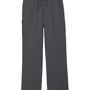 May include: Dark gray scrub pants featuring an elastic waistband with a matching drawstring tie. These straight-leg trousers include two side pockets and a single patch pocket on the right thigh, providing a functional design for daily wear.