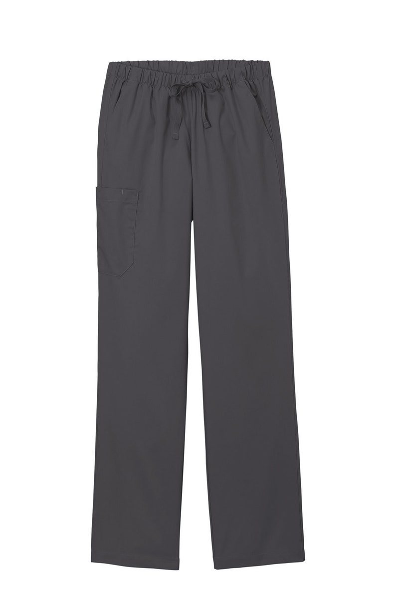 May include: Dark gray scrub pants featuring an elastic waistband with a matching drawstring tie. These straight-leg trousers include two side pockets and a single patch pocket on the right thigh, providing a functional design for daily wear.
