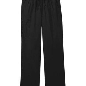 May include: Solid black scrub pants featuring an elastic waistband with a drawstring closure. The pants include a single patch pocket on the right thigh and have a straight-leg cut, providing a functional and uniform appearance for daily wear.