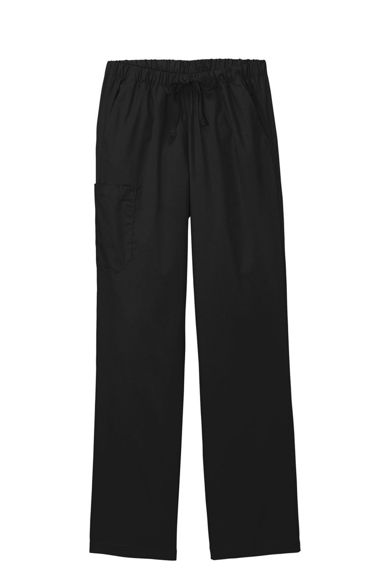 May include: Solid black scrub pants featuring an elastic waistband with a drawstring closure. The pants include a single patch pocket on the right thigh and have a straight-leg cut, providing a functional and uniform appearance for daily wear.