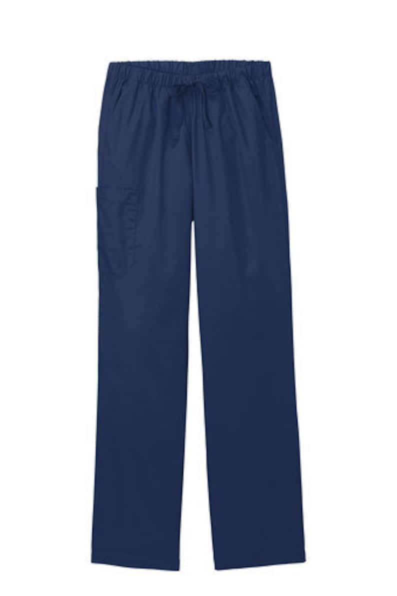 May include: Solid navy blue scrub pants featuring an elastic waistband with a matching drawstring tie. The pants include a single patch pocket on the right thigh and have a straight-leg cut, providing a functional and uniform appearance.