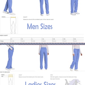 May include: Light blue scrub pants shown in side, back, and front views. The image includes sizing charts for men and ladies, with waist and hip measurements in inches, along with diagrams illustrating how to measure the waist and hips for proper fit.