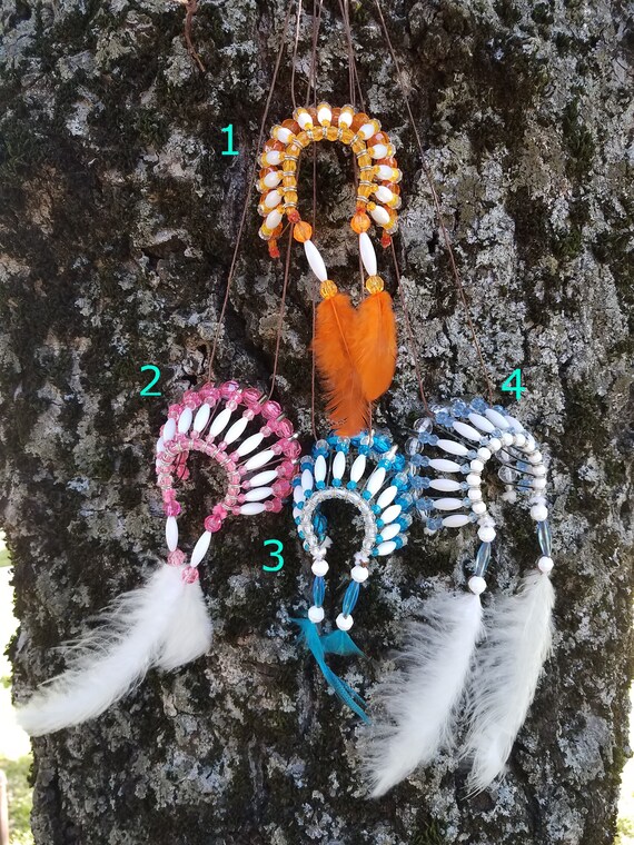 Medium White and Orange/Pink/Aqua or Light Blue Indian Headdress (Car Decoration/Ornament)