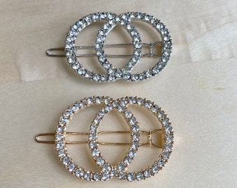 Set of 2 Barrettes/Double Gold/Silver Circle Rhinestone Barrettes/Wedding/Bridal/Prom/Special Occasion/Hair