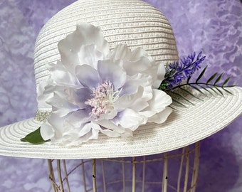 Flower Girl Lavender White Hat/Sheer Satin Ribbon/Silver Band/Chamilia Flower