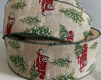 Christmas Truck/Sparkle Tree/Farmhouse Christmas/Burlap/Red Pickup/Wired Ribbon/2 1/2 Ribbon