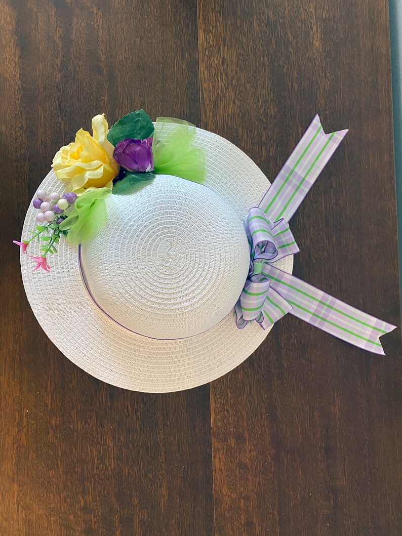 Girls Spring BonnetYellow RosePurpleLavender PlaidGreenTea Party Hat