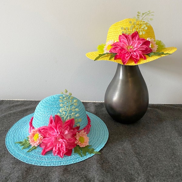 Tea Hats/Little Girl Hat/Church Hat/Straw Hat/Tea Party/Blue/Yellow/Pink/Toddler