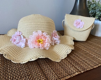 Sombrero de Pascua/Sombrero de té/Sombrero de niñas/Sombrero de sol/Sombrero de iglesia/Niñas/Flores/Monedero de niñas/Conjunto de sombrero de té