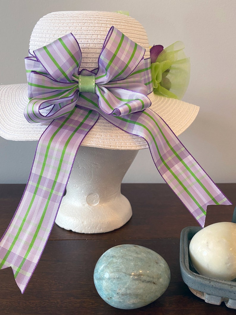 Girls Spring BonnetYellow RosePurpleLavender PlaidGreenTea Party Hat
