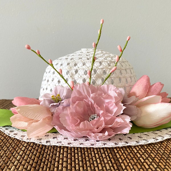 Blush Peony Tea Hat/Girls Tea Party/Mommy & Me/Easter Bonnet/Church Hat/Straw Hat/Flowers/Floral Hat/Girl Fun/Dress Up/Pinks/Garden Hat