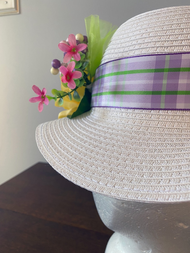 Girls Spring BonnetYellow RosePurpleLavender PlaidGreenTea Party Hat