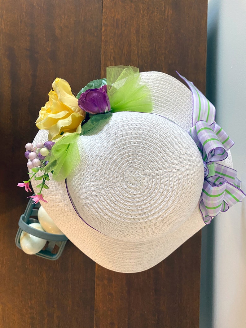 Girls Spring BonnetYellow RosePurpleLavender PlaidGreenTea Party Hat