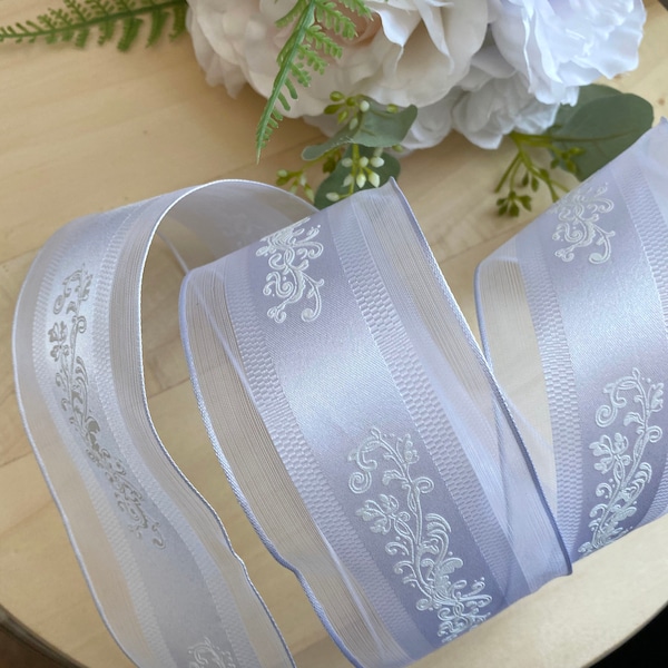 DIY Bridal Ribbon/Baroque Filigree/Sheer/Satin/White/By The Yard/Budget Bride/Crafting/Church/Wedding/Bride