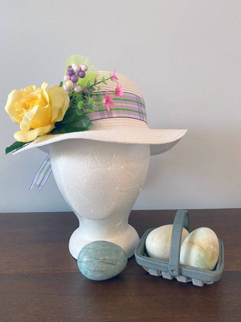 Girls Spring BonnetYellow RosePurpleLavender PlaidGreenTea Party Hat