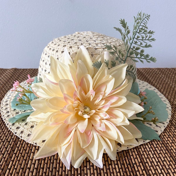 Big Flower Hat/Yellow Ombre/Peach Ombre/Tea Hat/Girls Tea Party/Yellow to Pink/Minty Blue/Church Hat/Dress Up Fun/Fern/Adult Hat