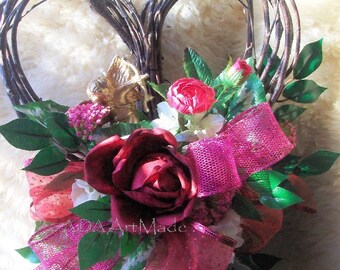 Floral Heart Wreath 13 x 22 Front Door Swag Shape with Gold Cupid Silk Rose Reds Pinks White~Valentine Mother's Day Gift~ Wedding Decor