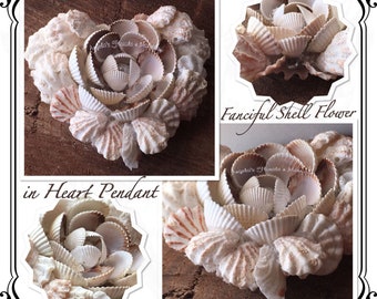 Shell Flower Pendant or Dangle Sash Pin-Fanciful Flower + Heart Shape Jewelry Accessory-Shell Art Flower Heart Adornment 4 Beach Bridal Sash