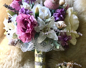 Floral n Shell Bouquet Pastel Round Set Bride + Groom-Starfish Seashells Peony Lily Rose Bouquet + Boutonniere-Destination Wedding Set-Eco