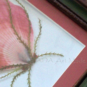 May include: A framed pressed flower art piece with a pink flower and green stems. The frame has a red mat and a dark wood outer frame.