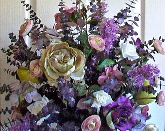 Victoria Large Arrangement Vintage Feel Floral Faux Fruit Centerpiece Wedding Home READY 2 SHIP Sage Dusty Rose Purple Very Peri Mix Flowers