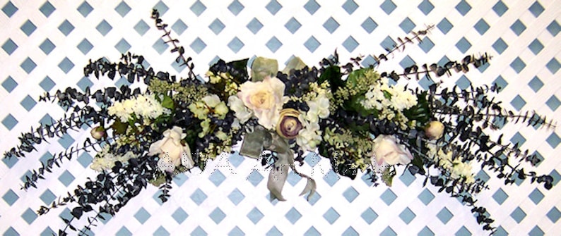Customize Weddings Floral Eucalyptus Swag Shades of White Green Plum Shown 145 USD Custom Made Easy U PICK Style Type Color Starting @ 45