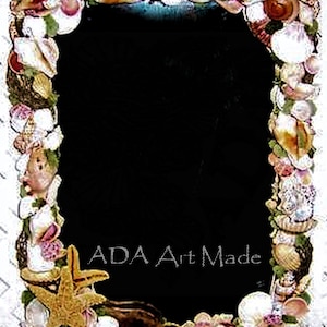 May include: Rectangular mirror frame decorated with various seashells, starfish, and other marine elements. The frame is white with a black interior. The text "ADA Art Made" is visible on the frame.