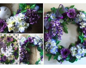 Cottage Garden Wreath 107 USD SHOWN + 95 USD Custom Made Easy U Pick Designer Silk Floral Indoor Wall Table Front Door~Weddings Ultra Violet
