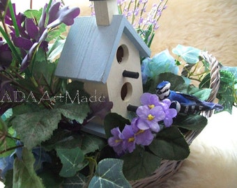 Birdhouse Floral Basket, Chapel Style Home, Silk Flowers Arrangement, Faux Violets Salvia, Blue Jay, Cottage Chic Decor, Lavender Periwinkle