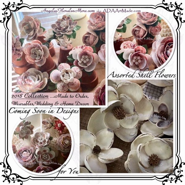 Coming Soon Made to Order 2018 Seashell Flower Pearl Core Collection in Wearable Accessories Wreaths Swags Arrangements Weddings + Bridal