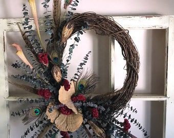 Wildly Earthy Wreath SILK Dry Floral Rustic Man Cave MADE to ORDER~Woodland Pheasant Peacock Feathers Eucalyptus Faux Dry Sarracenia Wreath