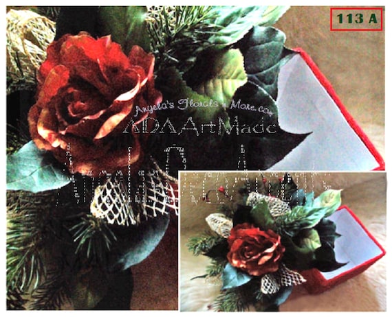 Silk Floral Arrangements Gift Box Duos Winter Holiday Decor Traditional Style Dual Purpose~Red Gold Rose Flowers~Faux Evergreens Box Flowers