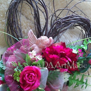 Cherub Heart Wreath Romantic Wedding Decor Bouquet MADE to ORDER-Valentine's Garden Heart Wreath-Shabby Cottage Chic-Orchid Lime Mom Flowers